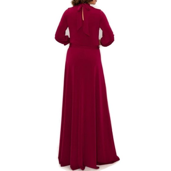 Janette Fashion Burgundy Mock Neck Tie Cuffed Sleeve Modest Maxi Dress - Picture 3 of 3